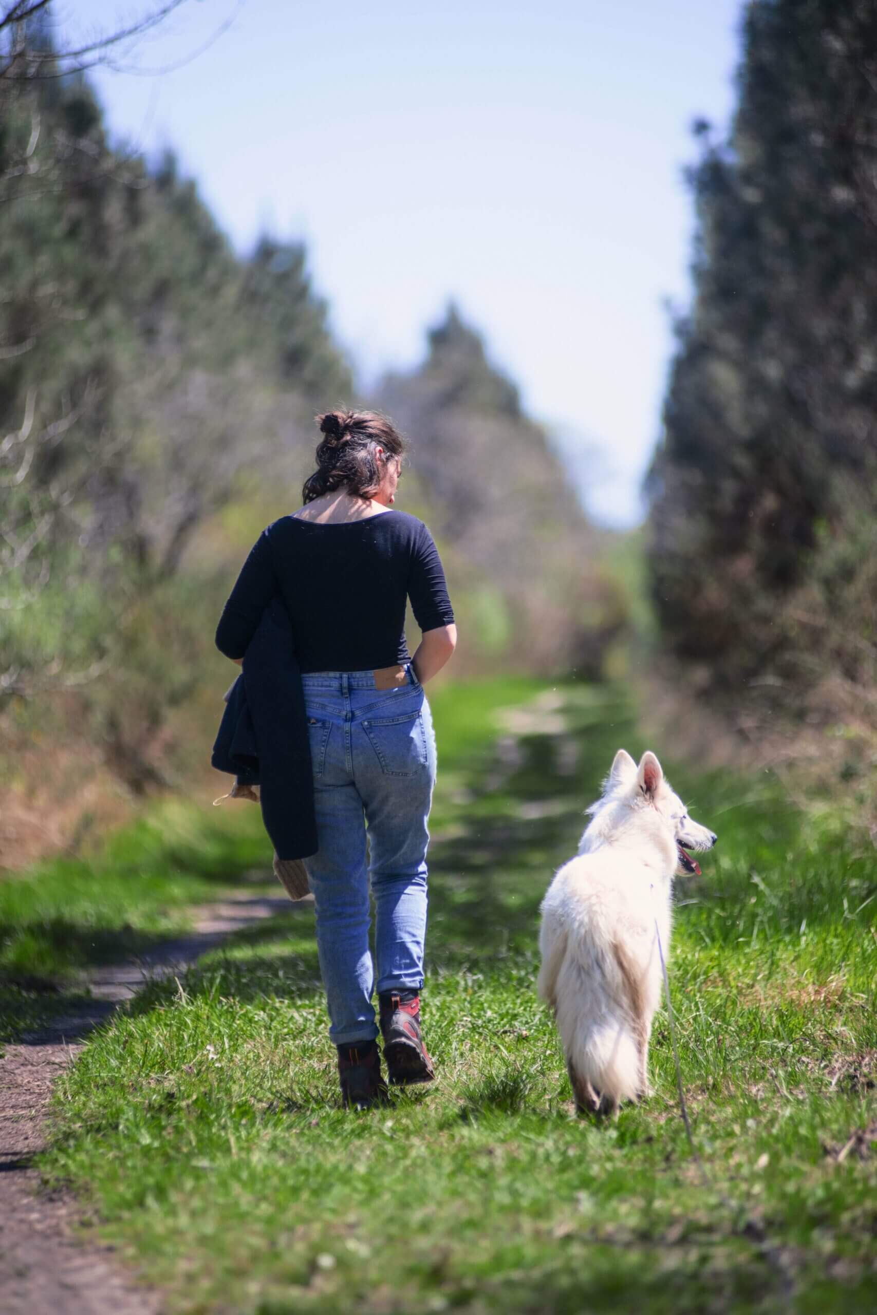 Zoé qui marche de dos avec son chien blanc